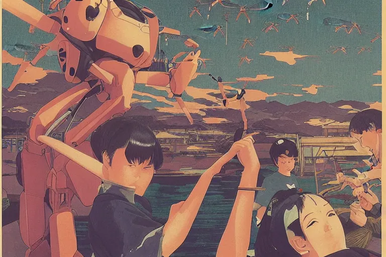 Image similar to gigantic dragonflies with human faces catch tiny robots, a lot of exotic mechas robots around, human heads everywhere, risograph by kawase hasui, dirtyrobot, edward hopper, satoshi kon and moebius, colorful flat surreal design, super - detailed, a lot of tiny details, fullshot