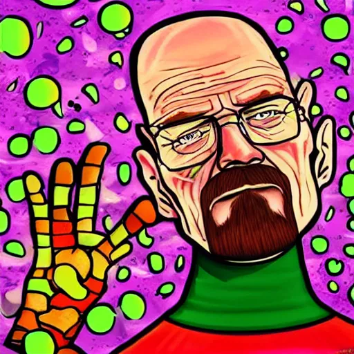 Image similar to Walter White on a acid trip , accurate anatomy, accurate hands, highly detailed, digital art, epic, masterpiece,