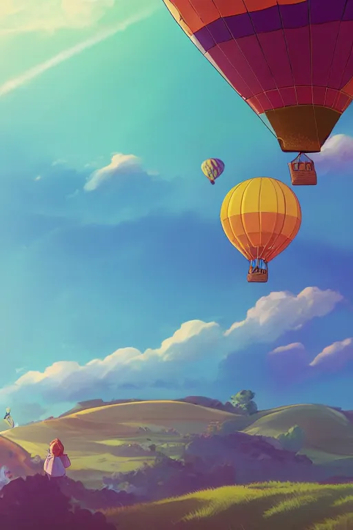 Prompt: one colorful hot air balloon, floating over a grassy chocolate - shaped hills, magical, colorful, fantastic lighting, amazing details, 4 k uhd, illustration by hayao miyazaki style, artstation, pixiv, pixels