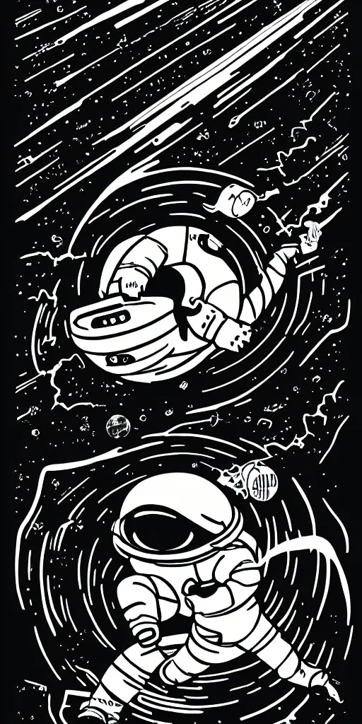 Image similar to mcbess poster in full color, astronaut drifting into a black hole