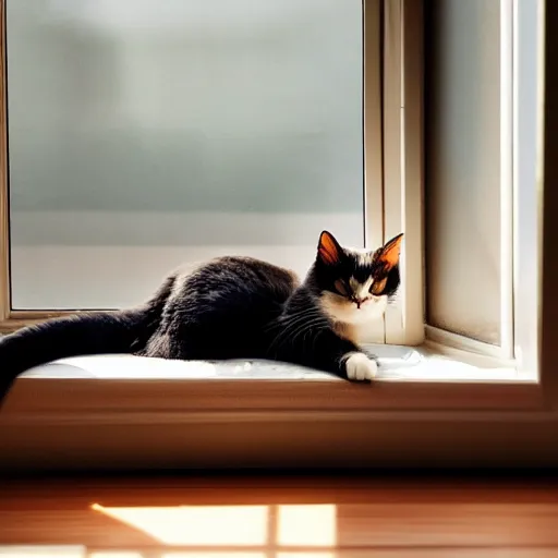 Image similar to a photo of a cat on it's side sleeping on a bed by a window with light coming in