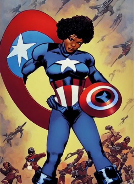 Image similar to beautiful black female captain america. afro - feminist captain america wins wwii. american wwii propaganda poster by james gurney, rob liefeld and pixar. gorgeous face. overwatch, realistic. black power