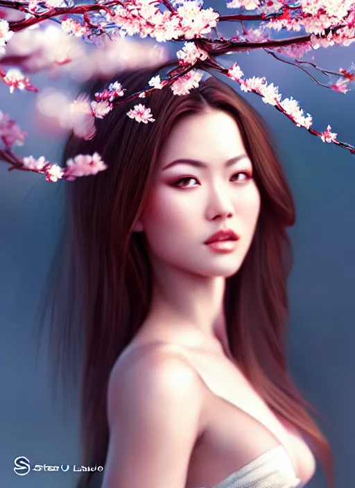 Image similar to photo of a gorgeous female in the style of stefan kostic, realistic, half body shot, sharp focus, 8 k high definition, insanely detailed, intricate, elegant, art by stanley lau and artgerm, extreme blur cherry blossoms background