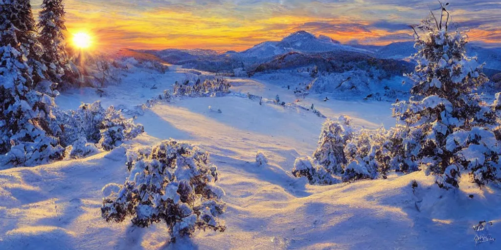 Image similar to a beautiful landscape, sun rises between two snowy mountains, art by phillipp urlich