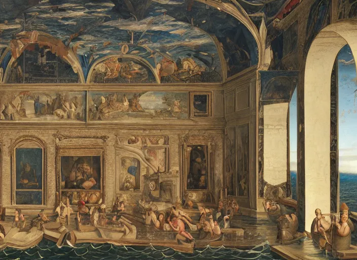 Prompt: a renaissance castle room flooded with water, a robot is sitting in a boat, the robot has a fishing rod,