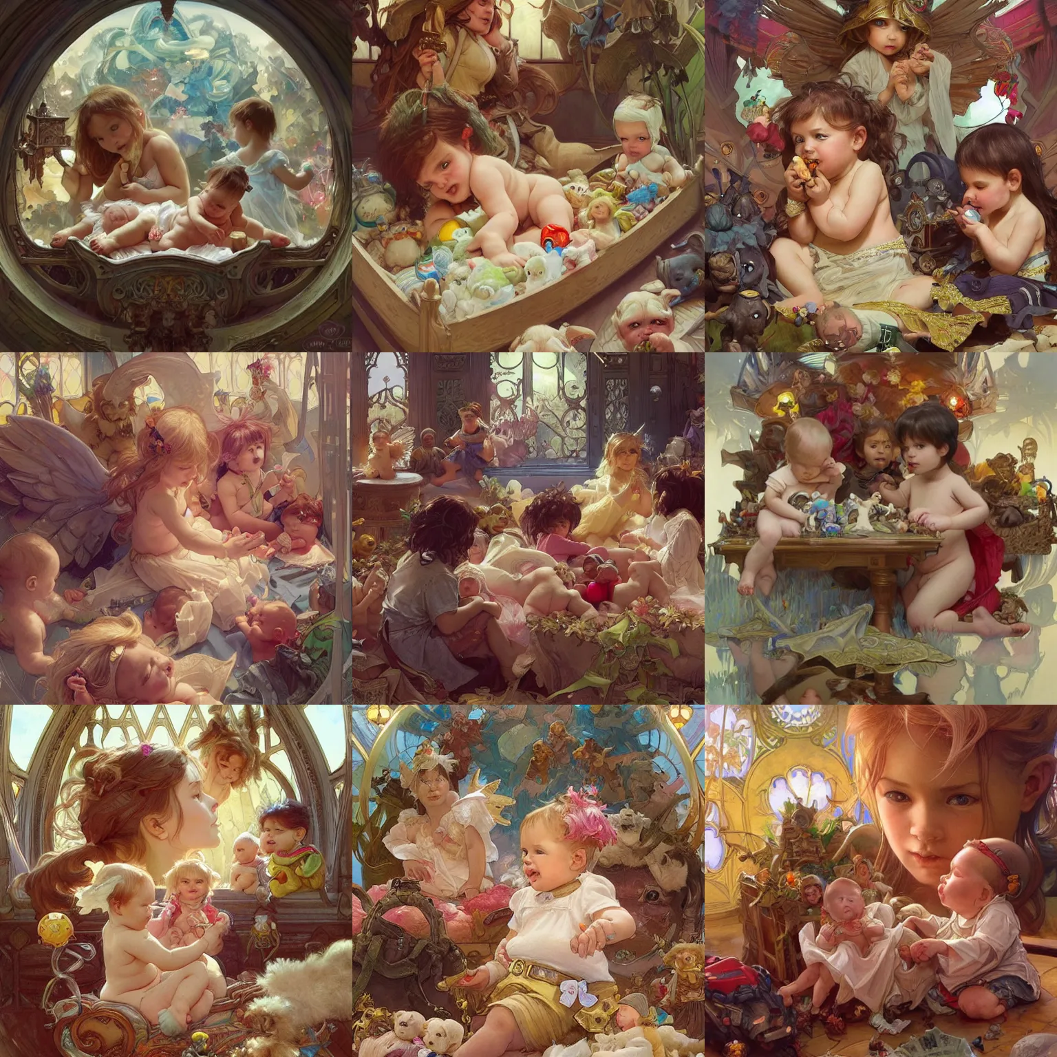 Prompt: Baby angels with pacifiers sitting in a big crib full of toys, fantasy, highly detailed, digital painting, artstation, concept art, sharp focus, illustration, art by artgerm and greg rutkowski and alphonse mucha