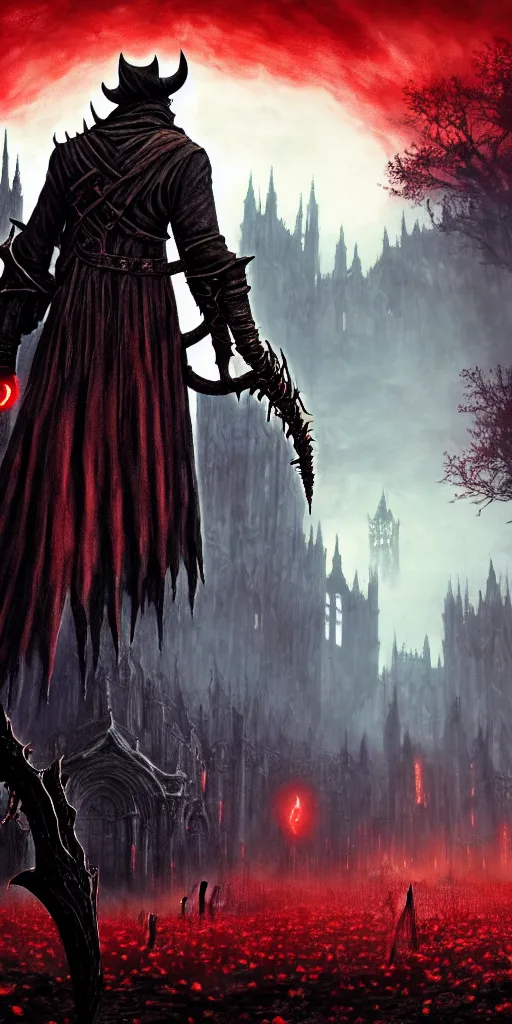 Image similar to populated bloodborne old valley with a dark person at the centre and a ruined gothic city in the background, trees and stars in the background, falling red petals, epic red - orange moonlight, perfect lightning, wallpaper illustration by niko delort and kentaro miura, 4 k, ultra realistic