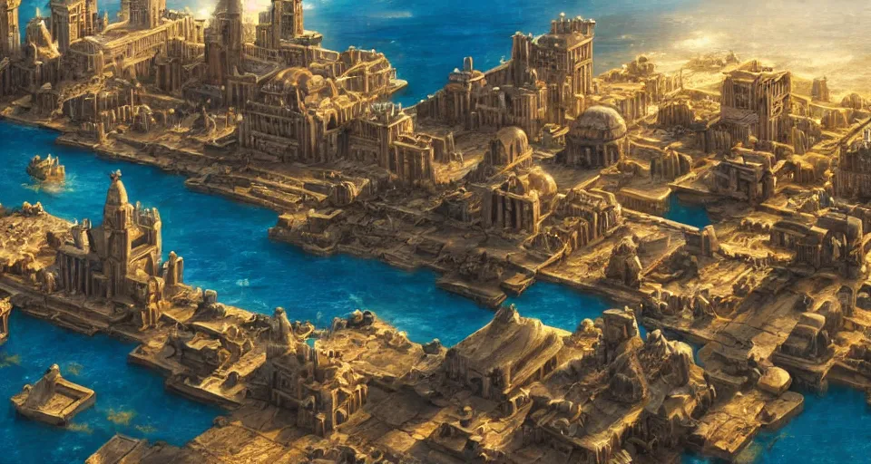 Prompt: ancient city of atlantis with big buildings in gold, fantasy, magical, cinematic, establishing shot, volumetric lighting, extremely detailed, intricate, sharp focus, coherent