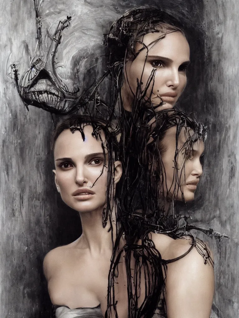 Image similar to a beautiful portrait of natalie portman by h.r. giger and by Annie Leibovitz, detailed, proportional, trending on art station, 4k