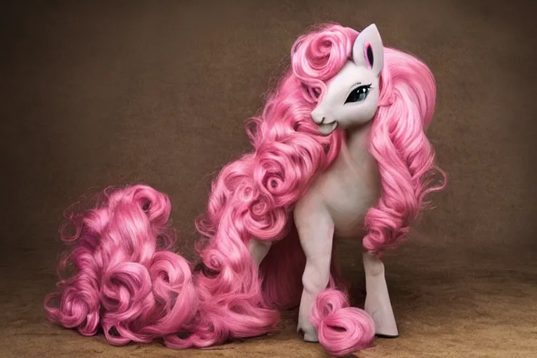 Image similar to Pinkie Pie equine, back towards camera, facing away, professional photography and mood lighting, equine photo, sitting down, flowing mane and tail, relaxed expression