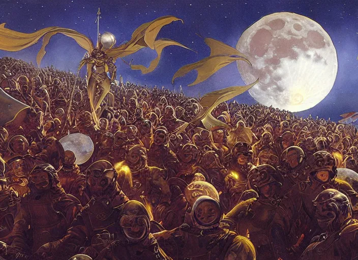 Prompt: beautiful as the moon, terrible as an army with banners. art by james c. christensen and james gurney