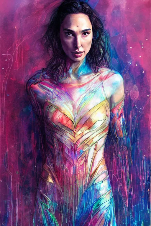 Image similar to gal gadot by agnes cecile enki bilal moebius, intricated details, 3 / 4 back view, full body portrait, extremely luminous bright design, pastel colours, drips, autumn lights