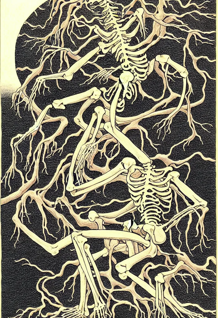 Image similar to prompt: anatomy dissection drawing skeleton Bonsai tree squid creature roots merging into big moon drawn by Takato Yamamoto, bonsai skeleton anatomy atlas, veins and organs attached to tree roots, alchemical objects inspired by 1980's sci-ci, old experimentation cabinet, intricate oil painting detail, manga 1980