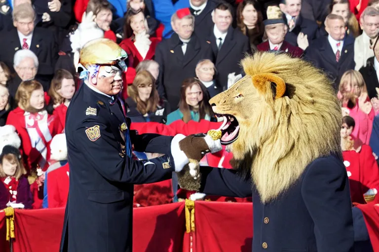 Image similar to photo of the usa presidential inauguration, a lion fursuiter being inaugurated as president