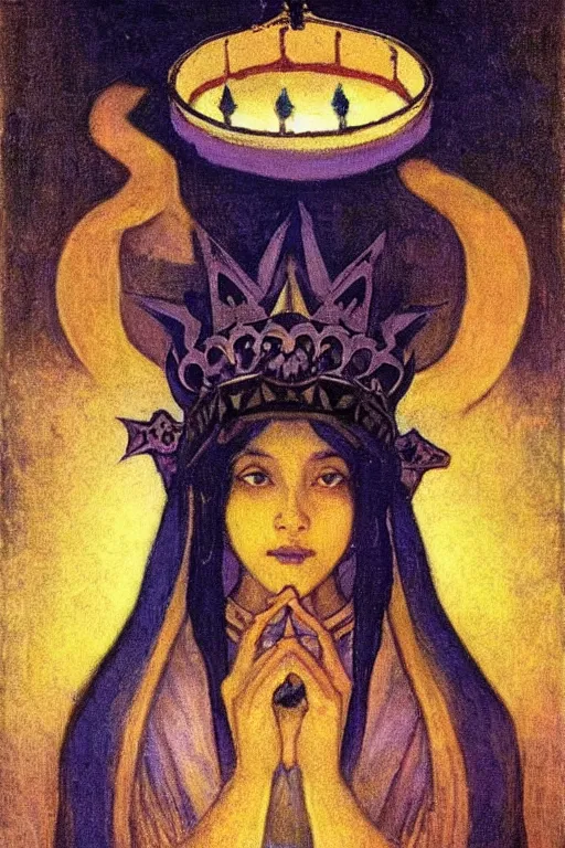 Prompt: child of darkness with her crown and lantern, by Nicholas Roerich and Annie Swynnerton and and jean delville, dramatic cinematic lighting , ornate headdress , flowing robes, sacred artifacts, lost civilizations, smooth, sharp focus, extremely detailed