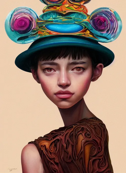 Image similar to brown eyes girl with abstract hat :: by Martine Johanna and Simon Stålenhag and Chie Yoshii and Casey Weldon and Guillermo del toro :: ornate, dynamic, particulate, rich colors, intricate, elegant, highly detailed, centered, artstation, smooth, sharp focus, octane render, 3d