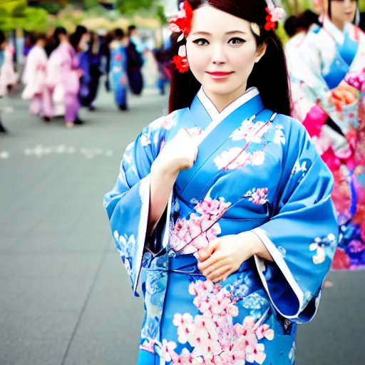 Prompt: anime girl wearing a kimono, sakura spring festival