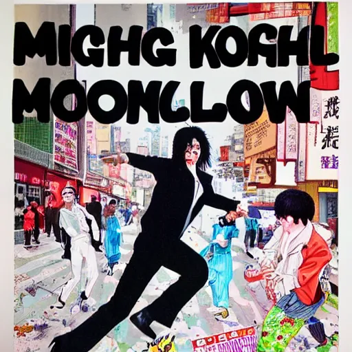 Image similar to glossy old advertising poster, michael jackson moonwalking!!!!! through crowded hong kong street, vendors, zombies, drawn comic by junji ito, pastels, gradient