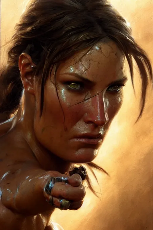 Image similar to muscular sweat lara croft, exhausted face close up, highly detailed painting by gaston bussiere, craig mullins, j. c. leyendecker 8 k