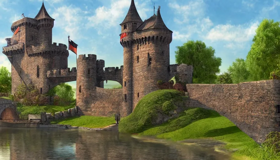 Image similar to a castle with a moat and drawbridge, digital art, highly detailed, realistic, bright colors, 8 k