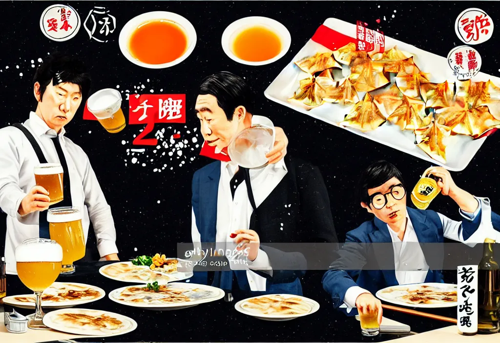 Prompt: two businessmen eating gyoza and drinking beer at an outdoor table in nighttime izakaya in shinbashi tokyo, japan, a collage painting, in the style of wes anderson, lola dupre, david hockney, isolated on negative white space background dark monochrome fluorescent neon spraypaint accents volumetric octane render