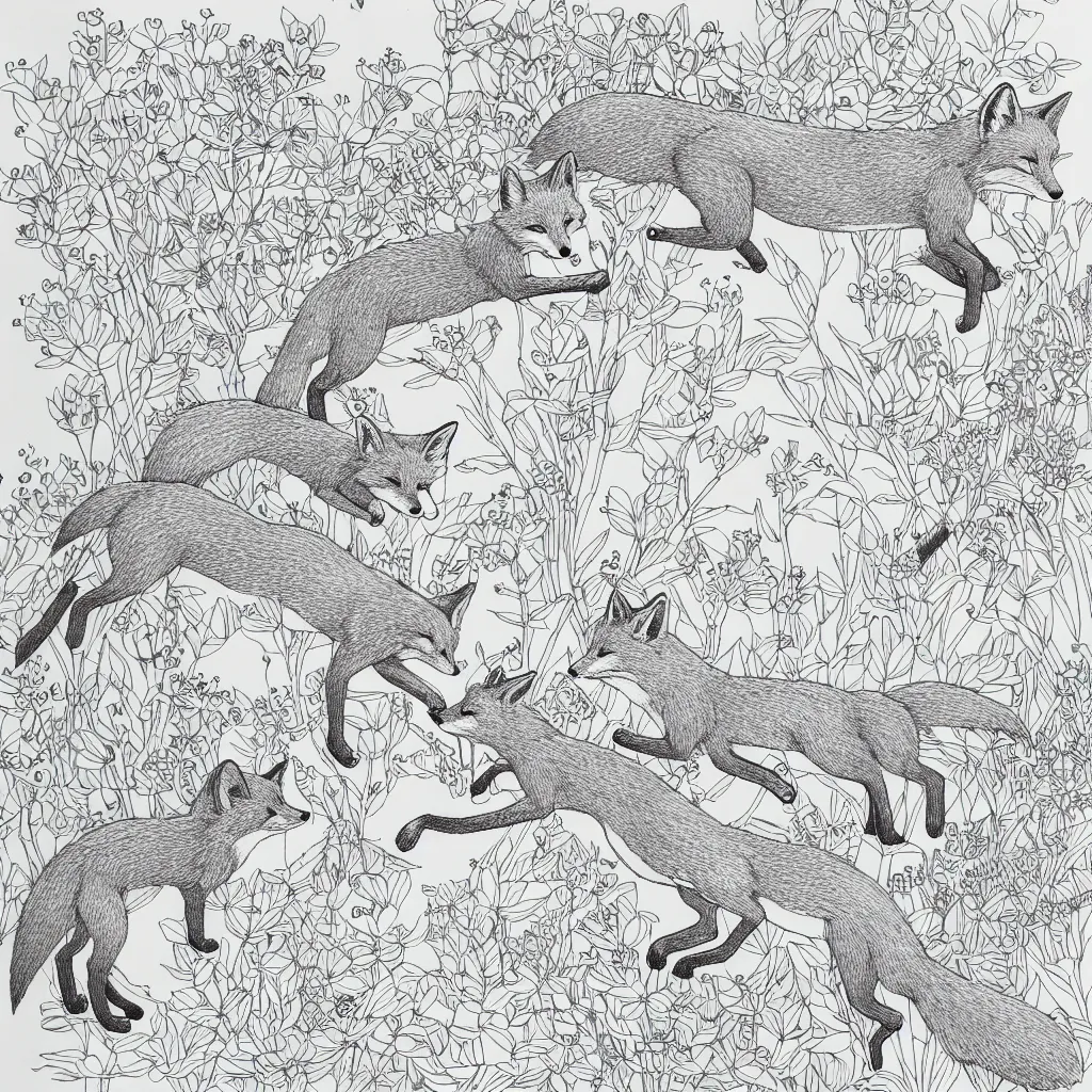 Image similar to foxes playing jumping in tranquillity garden ink drawing by james jean very fine linework