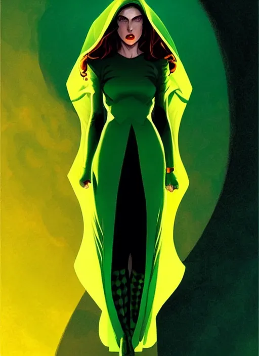 Prompt: Rafeal Albuquerque comic art, Joshua Middleton comic art, cinematics lighting, beautiful Anna Kendrick supervillain, green dress with a black hood, yellow eyes, angry, symmetrical face, symmetrical eyes, full body, flying in the air, night time, red mood in background