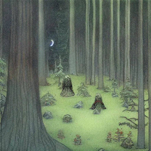 Prompt: A painting of swedish forest with its mystic trolls in the style of John Bauer.