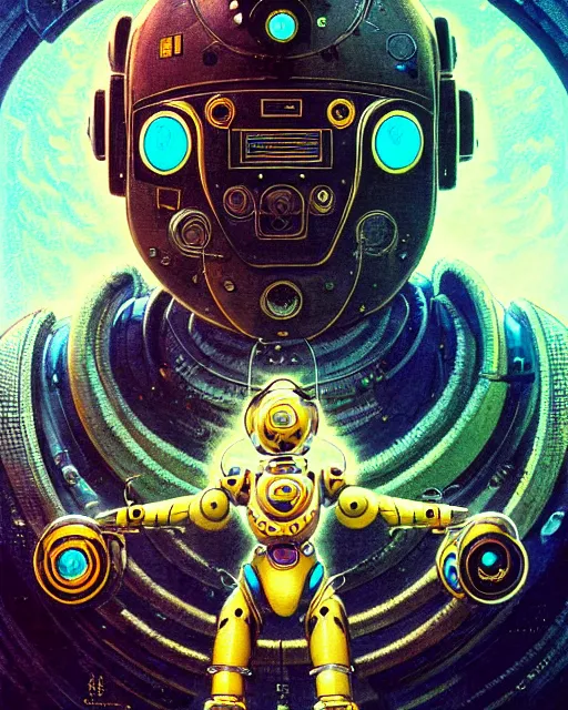 Image similar to zenyatta from overwatch, nine robot eyes, character portrait, portrait, close up, concept art, intricate details, highly detailed, vintage sci - fi poster, retro future, in the style of chris foss, rodger dean, moebius, michael whelan, and gustave dore