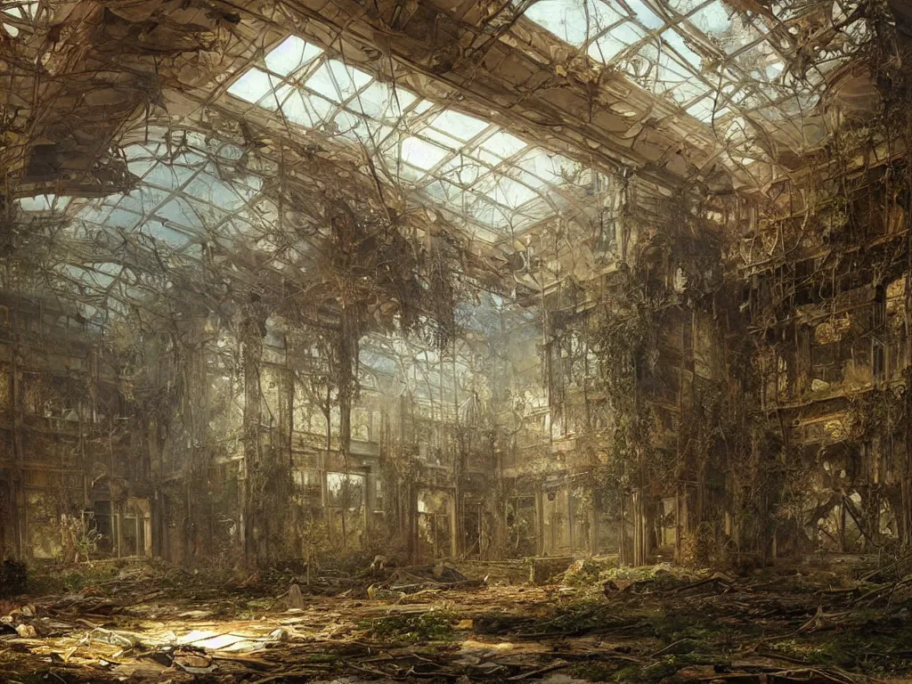 Prompt: Interior of a post apocalyptic abandoned mall reclaimed by nature, highly detailed, oil on canvas, by Ivan Shishkin and Aivazovsky