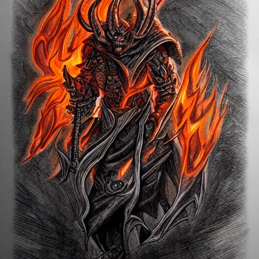 Image similar to character concept art diablo lord of terror engulfed in flames, detailed ink drawing by Dmitriy Tkach