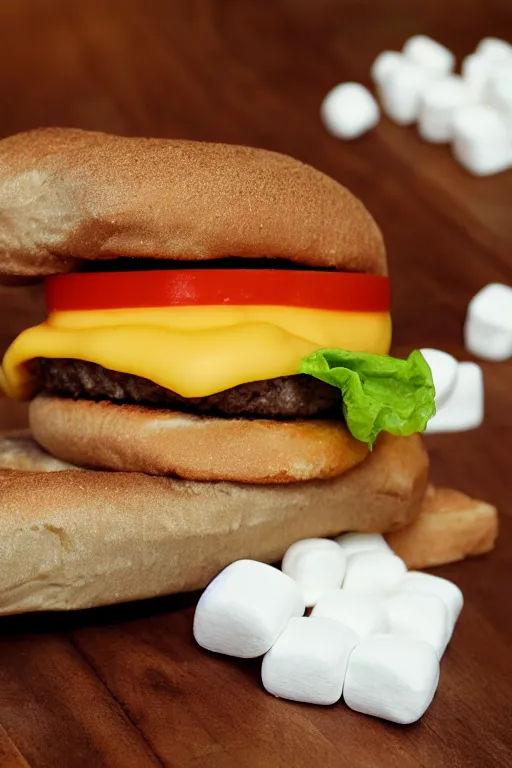 Prompt: cheeseburger made of marshmallows , hd,