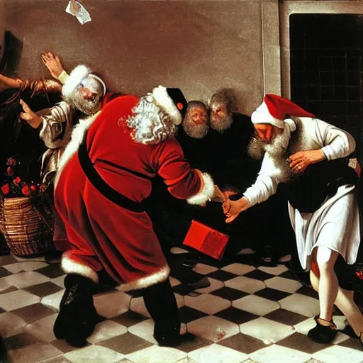 Prompt: Father Christmas throws confetti on a marble floor Painted by Caravaggio