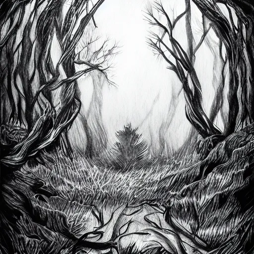 Image similar to dark forest illustration, dark fantasy, black ink on white paper, sketched 4k