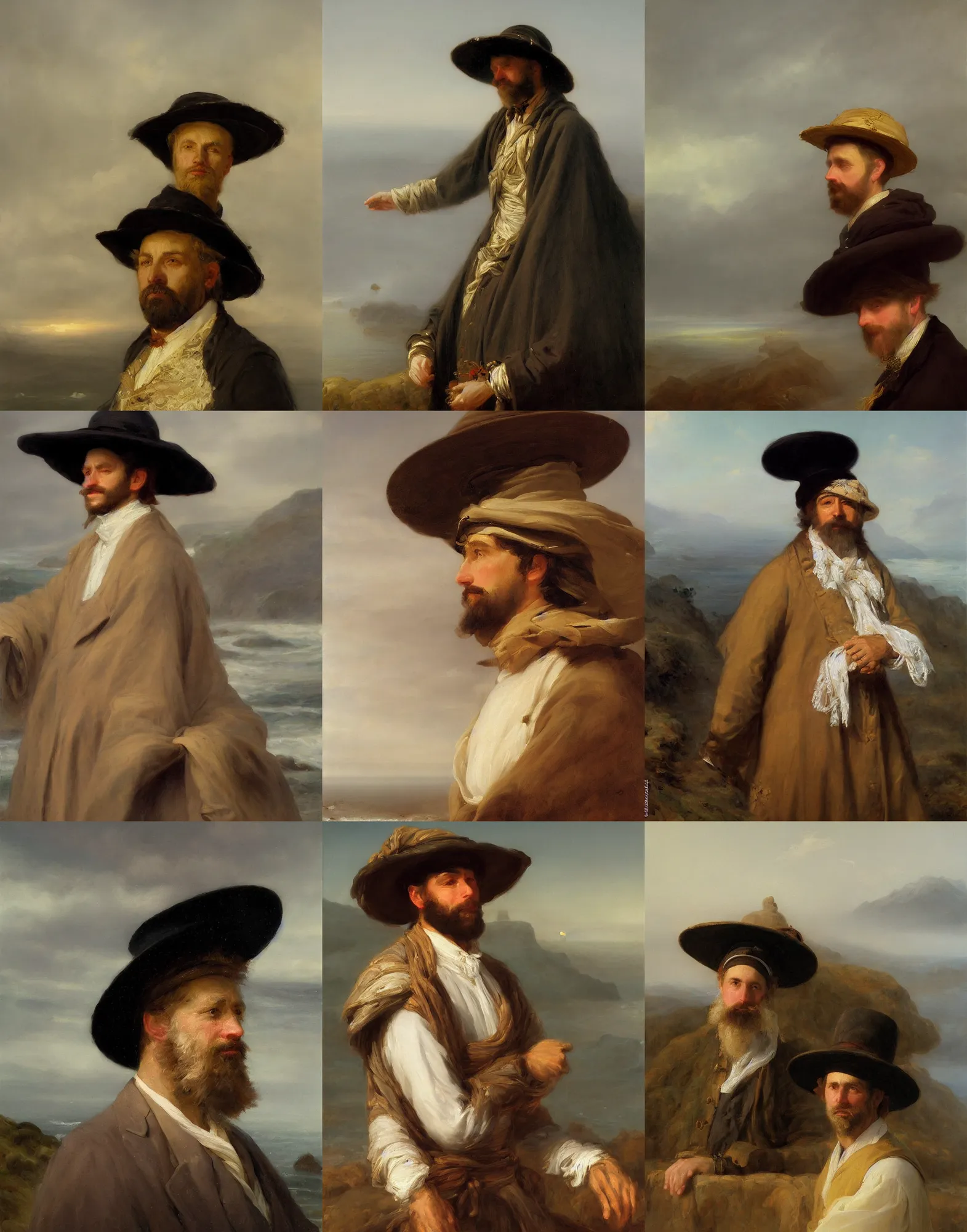 Prompt: high detail high quality painting portrait of wise man with a large hat contemplating at the coast with fog by alyssa monks franz xaver winterhalter