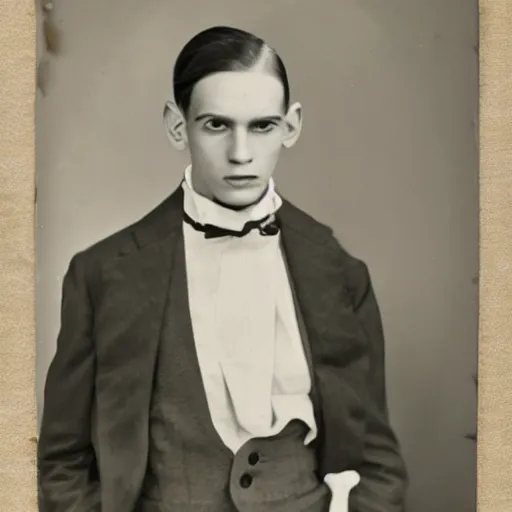 Image similar to 1930s portrait of a young anorexic man with shoulder length hair and extravagant clothes