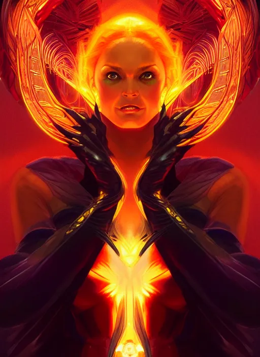 Image similar to symmetry portrait of the dark phoenix from x - men, glowing lights, intricate, elegant, highly detailed, digital painting, artstation, concept art, smooth, sharp focus, illustration, art by artgerm and greg rutkowski and alphonse mucha