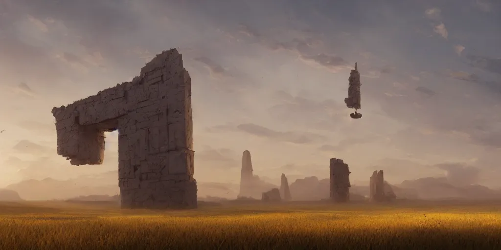 Prompt: wide shot of a tall and thin monolithic structure hovering in the air high above a cornfield, late afternoon, golden hour, highly detailed, smooth, sharp focus, concept art by greg rutkowski and ruan jia