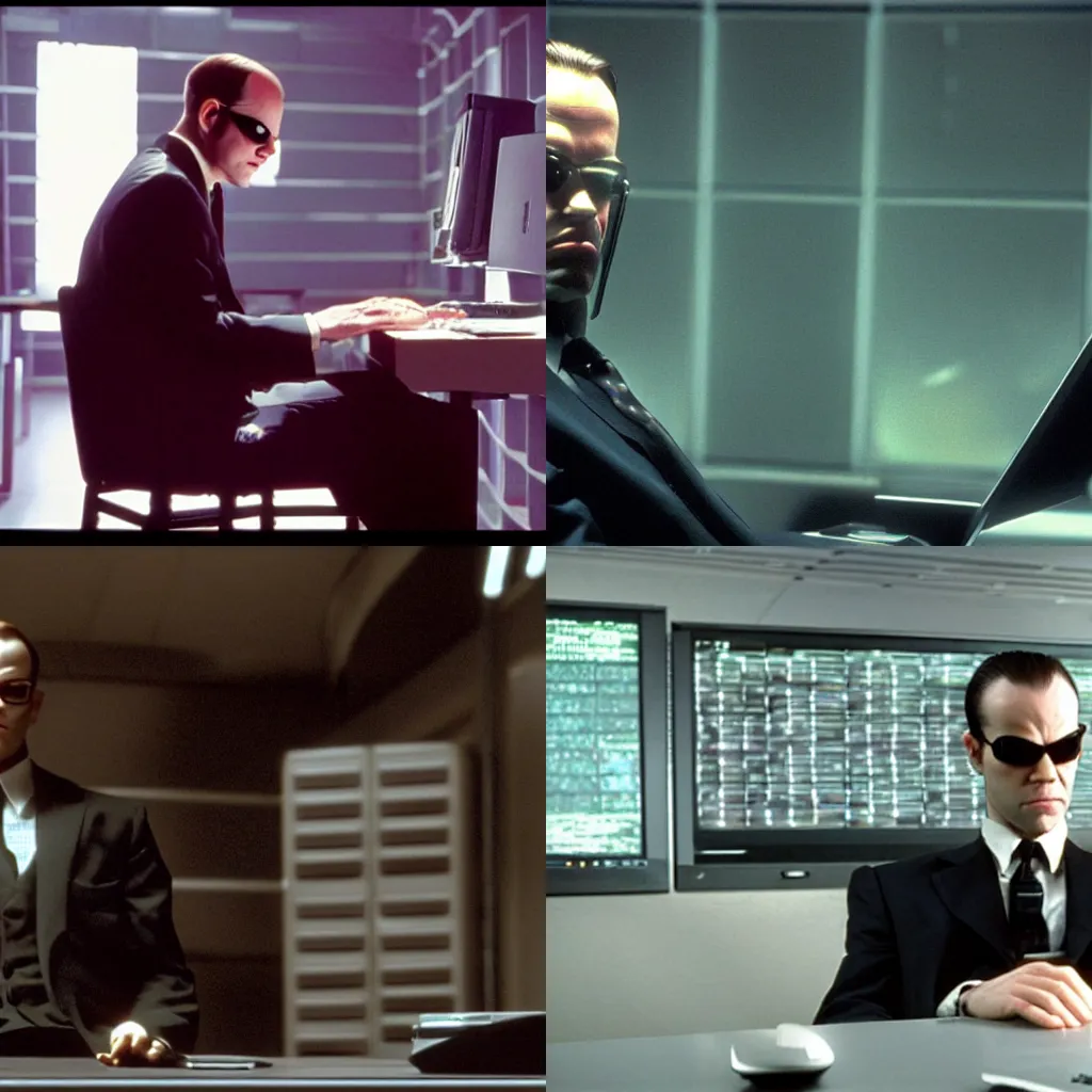 Prompt: Agent Smith sitting in his office and clicking his keyboard, he looks Bored, he is waiting to get a beta access to a cool thing. Photorealistic. Still from the movie The Matrix.