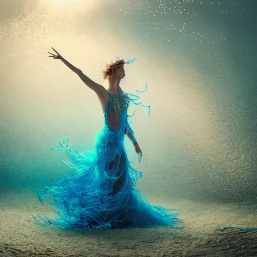 Prompt: woman dancing underwater wearing a long flowing dress made of many translucent layers of silver and blue lace seaweed, bolts of bright yellow fish, delicate coral sea bottom, swirling silver fish, swirling smoke shapes, octane render, caustics lighting from above, cinematic, hyperdetailed