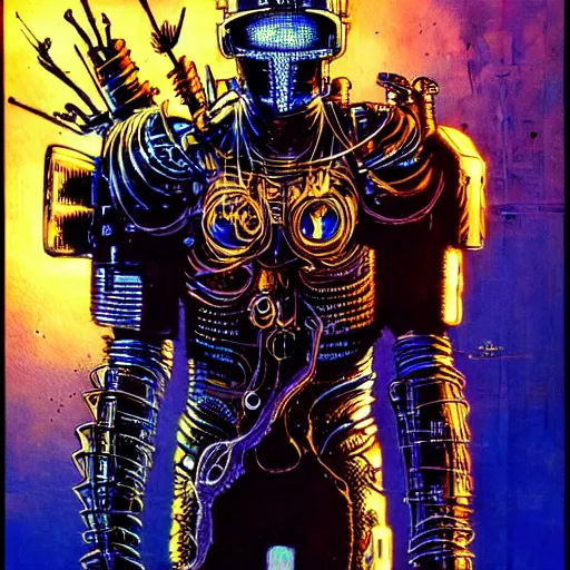 Image similar to cyberpunk knight, upper body, atmospheric lighting, painted, intricate, golden hour, ultra detailed by philippe druillet