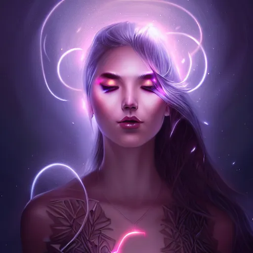 Prompt: mystical female creature with glowing energies and particals, surrounded by spirits, gloomy cinematic lighting, highly detailed, illustrated novel, by artgerm