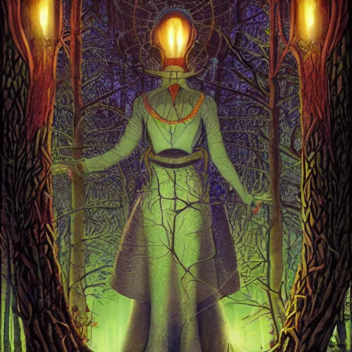 Image similar to the forest queen with her lantern, by leo and diane dillon and kit williams and andrew ferez, dramatic lighting, god rays, smooth, sharp focus, highly detailed