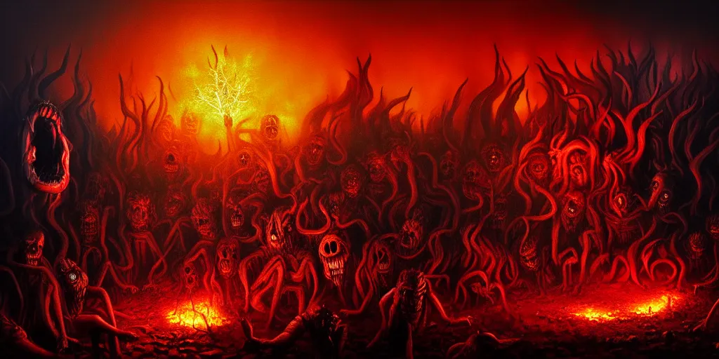 Image similar to repressed emotion creatures and monsters at the mouth of hell, dramatic lighting glow from giant fire, attempting to escape and start a revolution, in a dark surreal painting by ronny khalil