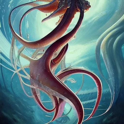 Prompt: “A giant sea squid celestial, Nordic inspired, epic, D&D, fantasy, intricate, cinematic lighting, highly detailed, digital painting, artstation, concept art, smooth, sharp focus, illustration, art by Artgerm and Greg Rutkowski and Alphonse Mucha”