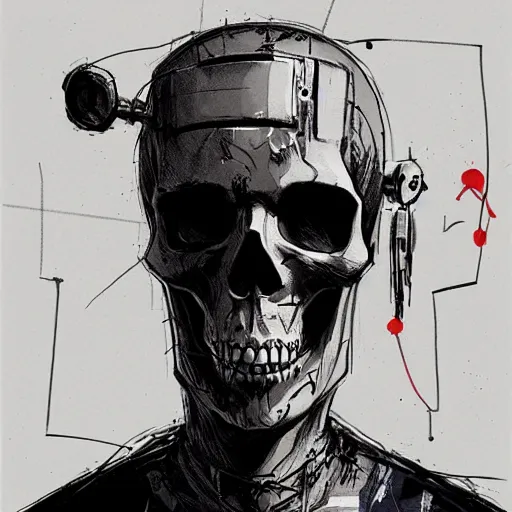 Prompt: skull, creative design, cyberpunk, techwear, full body portrait, character design, graffiti, by Ashley Wood and Jamie Hewlett