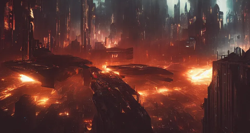 Image similar to sci-fi bombers in a cyberpunk medieval gothic dark-ages city, rich contrast, sci-fi bombers in the lightning-storm sky, feeling of grimdark and gothic horror, explosions and fire, hyperrealistic, octane render, unreal engine, Cryengine 8k UHD