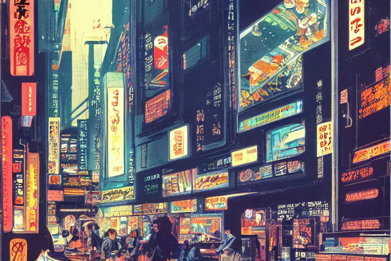 Prompt: 1 9 7 9 science fiction magazine window shopping downtown in neo - tokyo. in the style of bladerunner concept art by syd mead