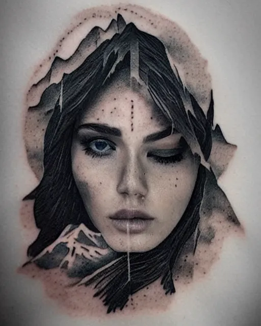 Prompt: a mashup between a beautiful woman face with a beautiful mountain scenery creative double exposure effect, medium sized tattoo sketch, amazing detail, trending on pinterest, in the style of brandon kidwell