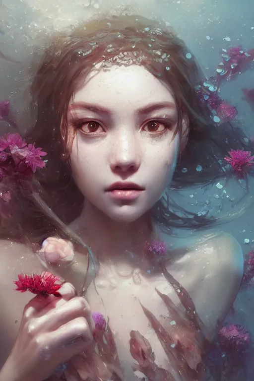 Prompt: face closeup a young beautiful girl drowned in water, underwater photography, water, 3 d render, hyper realistic detailed portrait, holding magic flowers, ruan jia, wlop. scifi, fantasy, hyper detailed, octane render, concept art, by peter mohrbacher, by wlop, by ruan jia